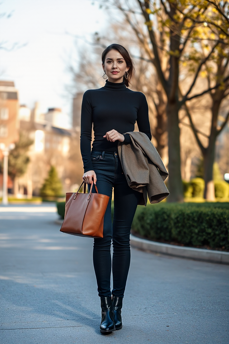 A woman in a fitted black turtleneck and dark skinny jeans stands in a sunlit city park, holding a leather tot