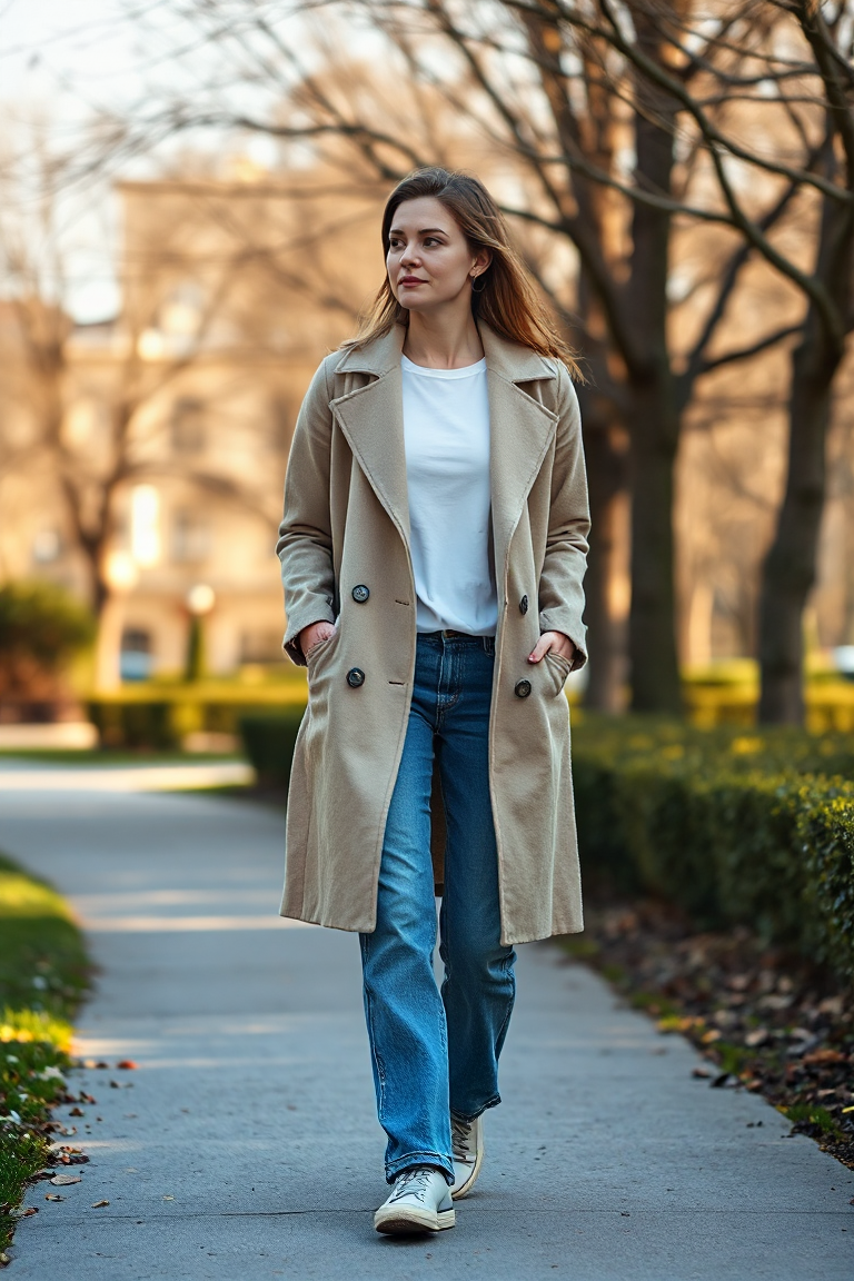 A woman in a beige lightweight wool coat, white t-shirt, and straight-leg jeans, walking through a sunlit urba