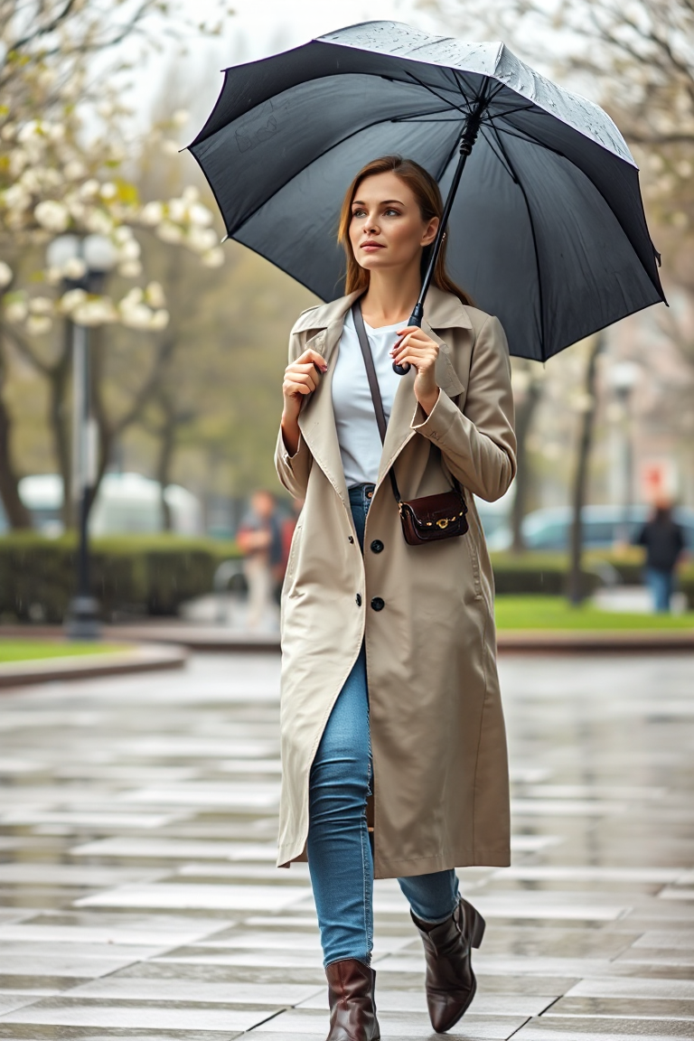 A woman walking through a rainy spring afternoon in a light beige trench coat over a white t-shirt and high-wa