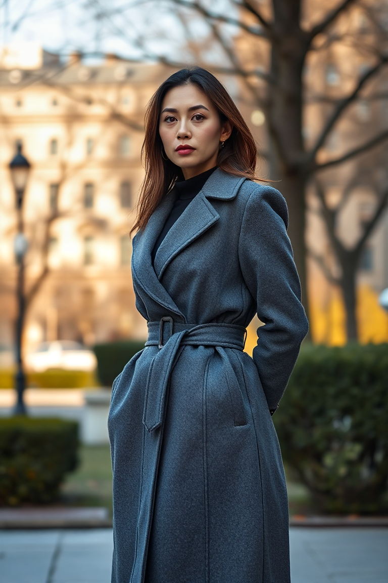 A woman with an hourglass figure standing in a city park, wearing a tailored knee-length wool coat with a defi