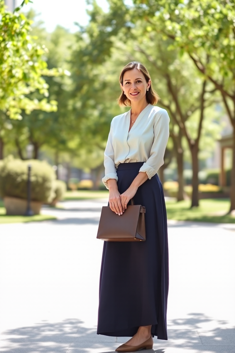 A woman standing in a sunlit urban park wearing a high-waisted navy A-line skirt, a fitted cream silk blouse,