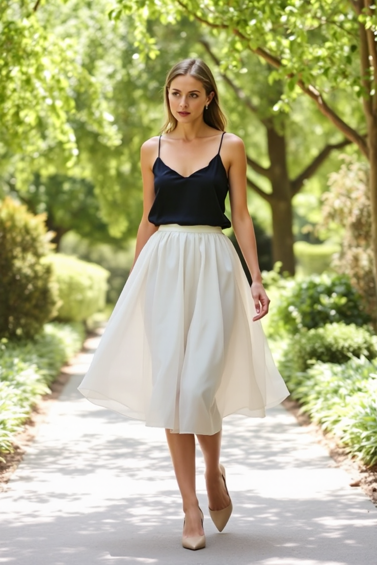 A woman in a cream cotton ballet skirt paired with a fitted black silk camisole and nude block heels, walking