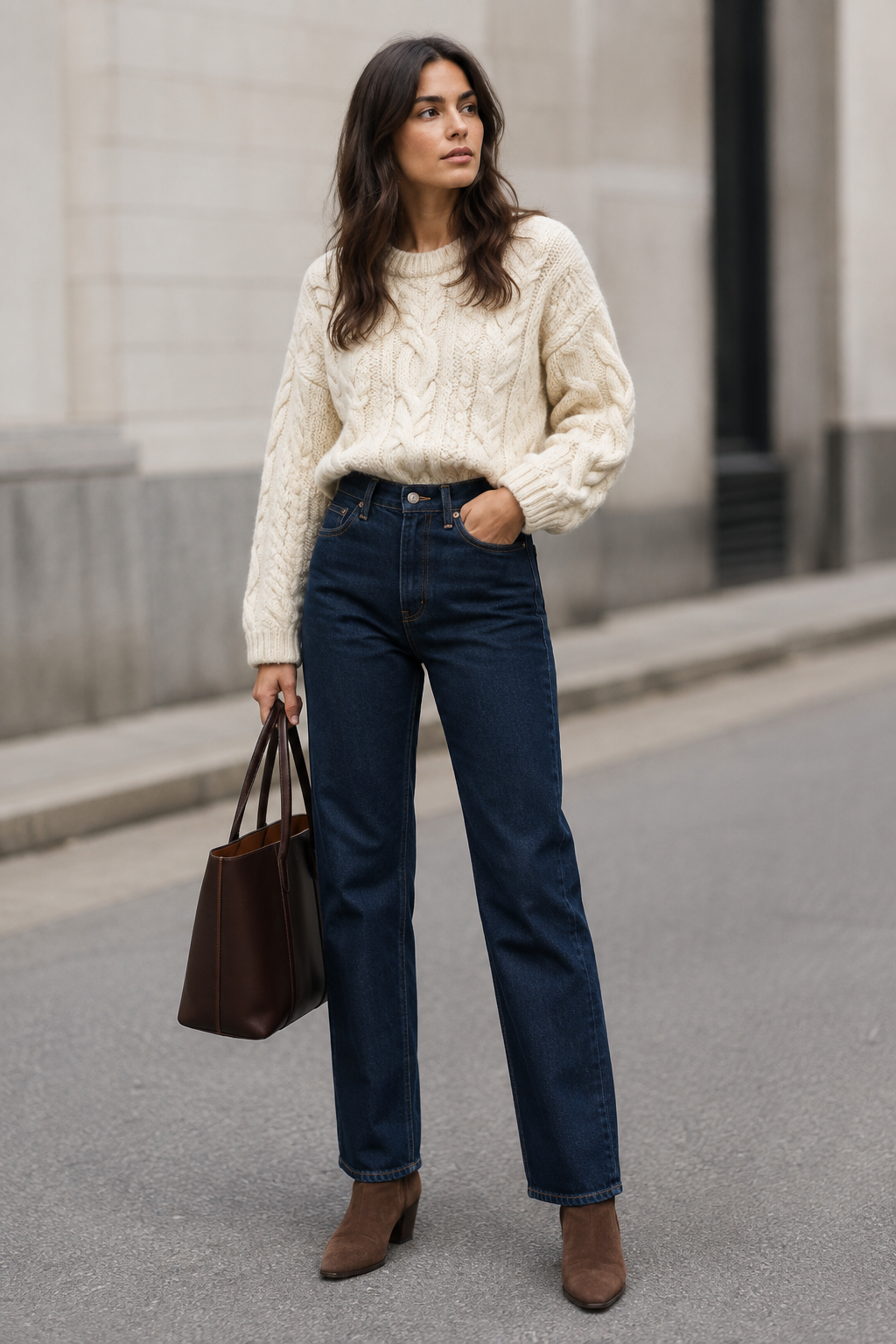Full-body fashion photograph of a woman standing on a quiet city street, wearing high-waisted dark indigo stra